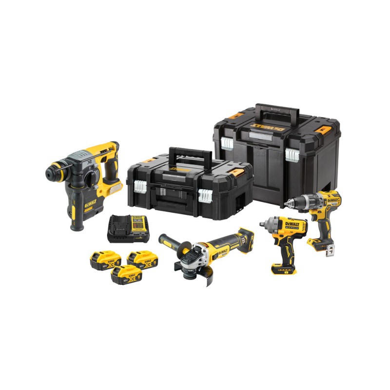 Dewalt DCK428P3T Σετ Δραπανοκατσάβιδο, Πιστολέτο, Μπουλονόκλειδο, Γωνιακός Τροχός, Φορτιστής 18V & TSTAK