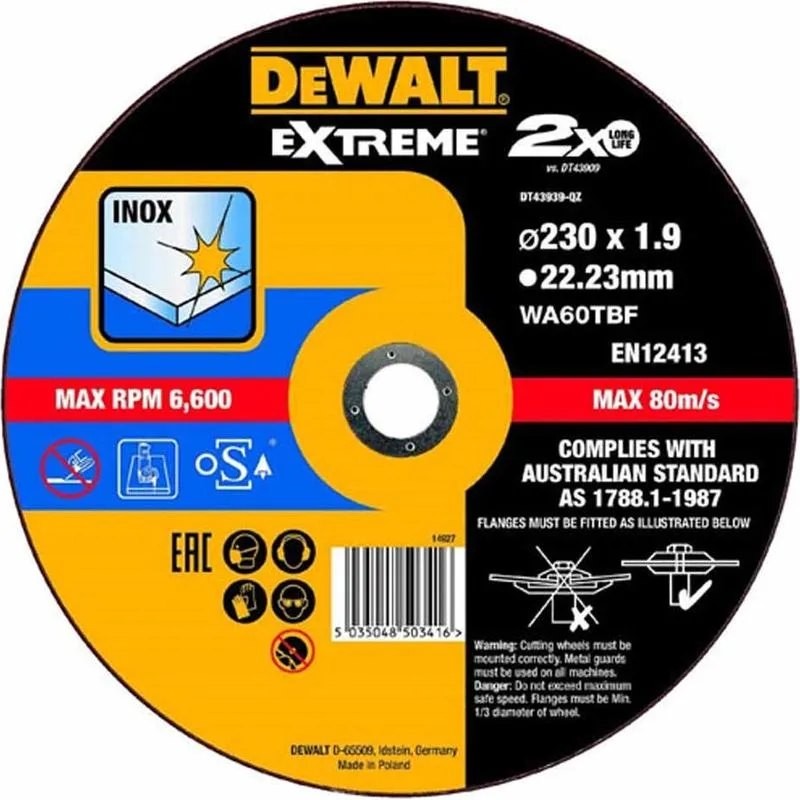 Dewalt DT43939 Δίσκος Γωνιακών Τροχών 230 x 1.9mm Inox